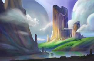 A colorful digital painting depicting a mountain landscape with a river, hills, and large clouds.